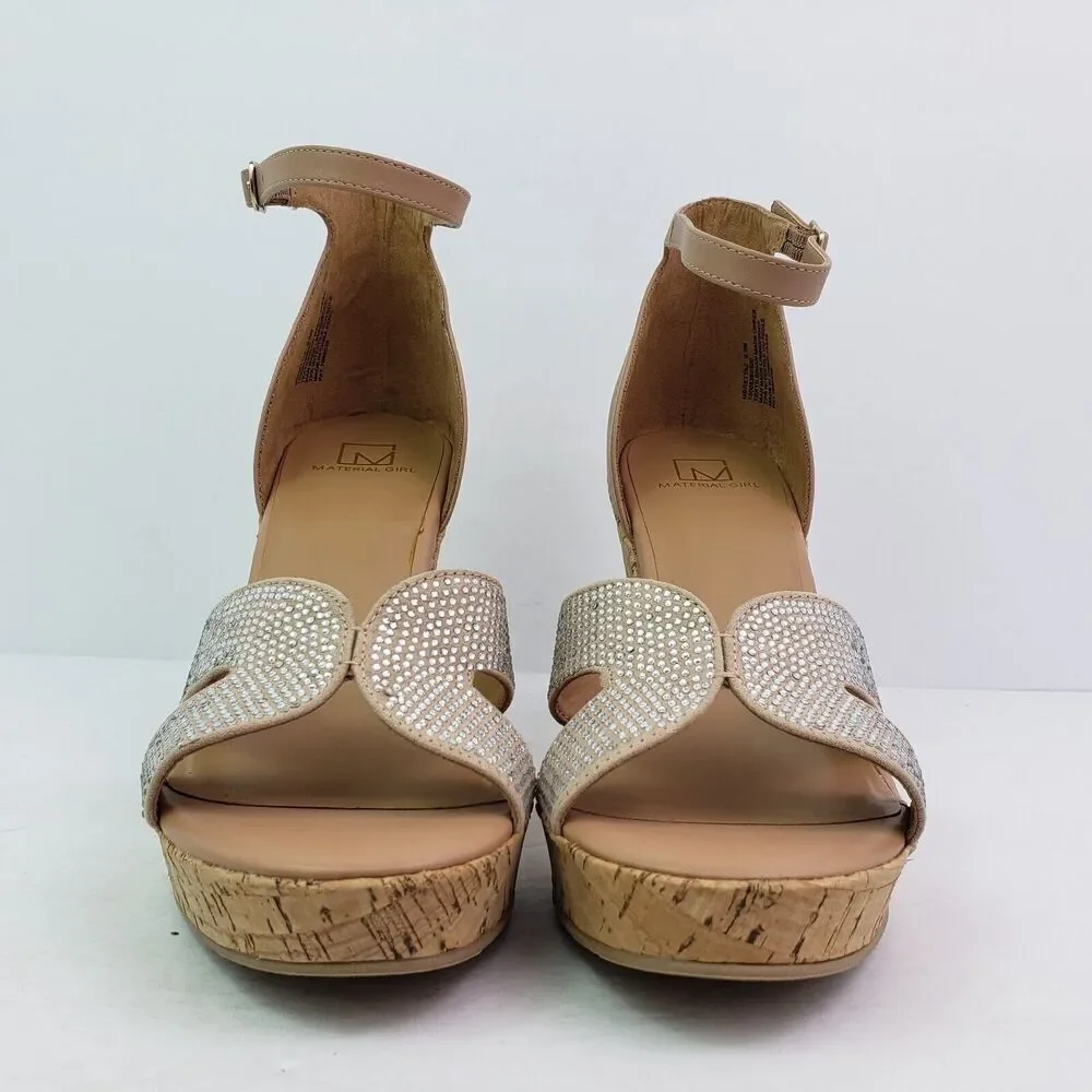 Material Girl Bretta Womens Size 9.5 Nude Bling Open Toe Cork Wedge Sandal Shoes